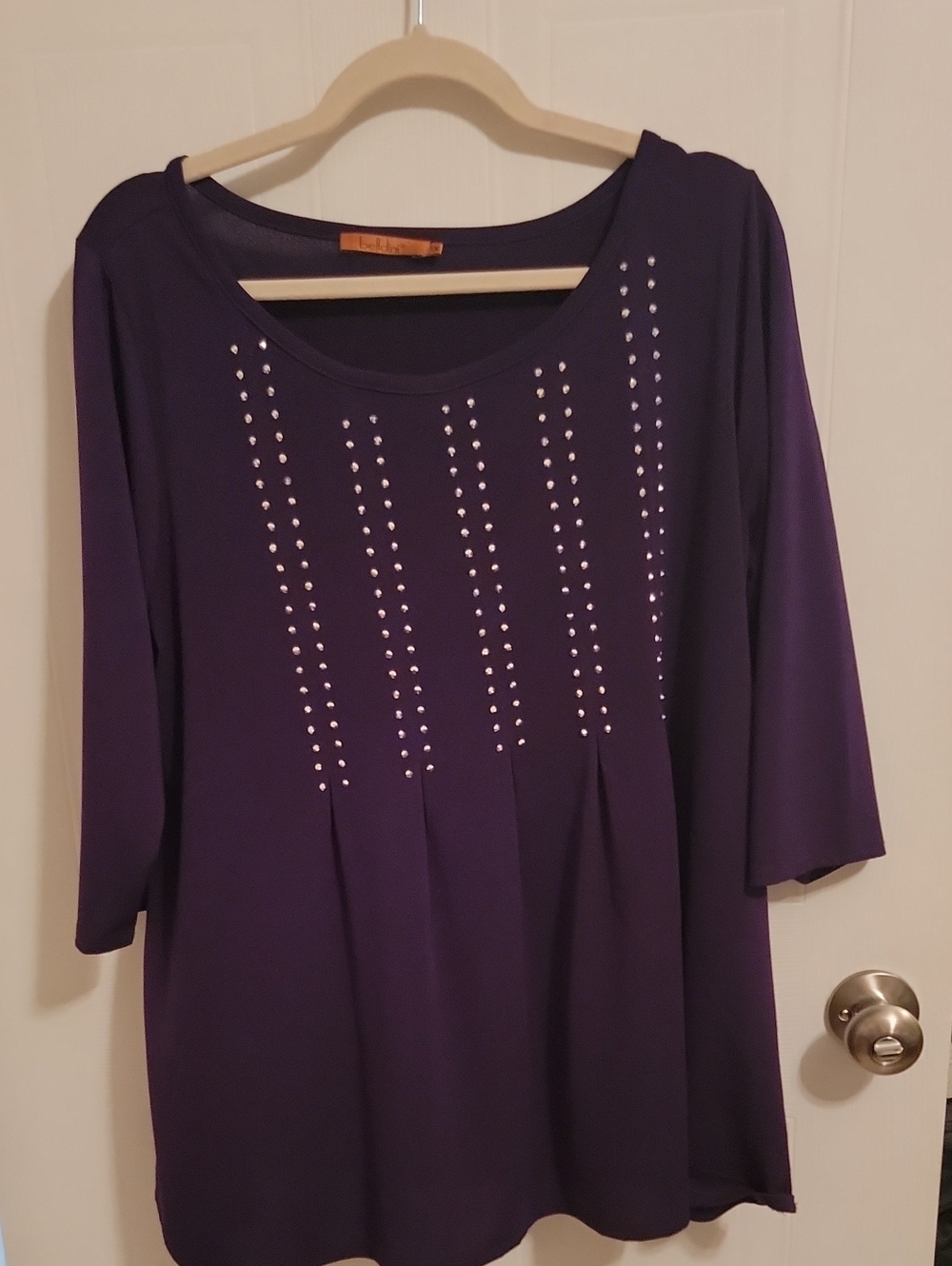 Belldini Deep Purple Scoop Neck Long Sleeve Top with Rhinestones